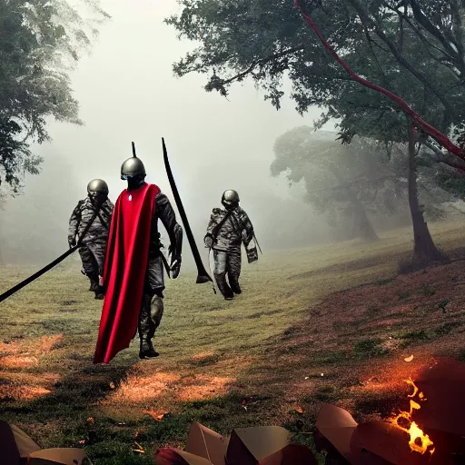 Image similar to soldiers with shields and swords and bows! hiding behind trees! on an elevated hill in a! misty, foggy! forest looking down on a army of gladiators with red capes, walking on a path through the forest below them.! shiny swords, well equiped, 4 k, realistic, anatomically correct, beautiful