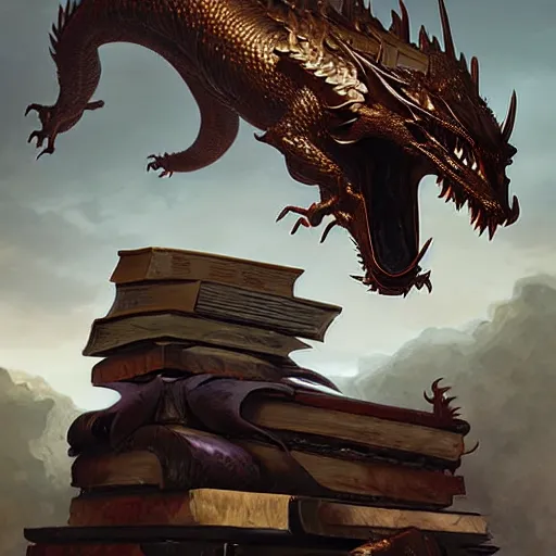 Image similar to bronze dragon sitting on a hoard of books, fantasy, dnd, art by greg rutkowski