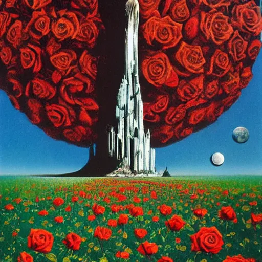 Image similar to the dark tower in a field of roses, surrealism, cosmic western, masterpiece oil painting, science fiction movie poster, 1 9 7 5