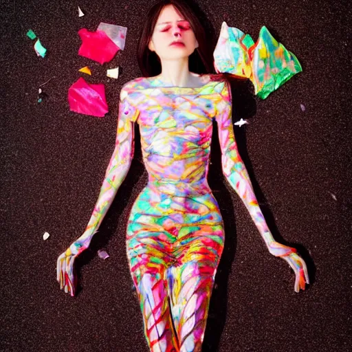 Prompt: beautiful model girl body decorated with colouful plastic bag skin and glass shards style of jonathan zawada, thisset colours simple background objective