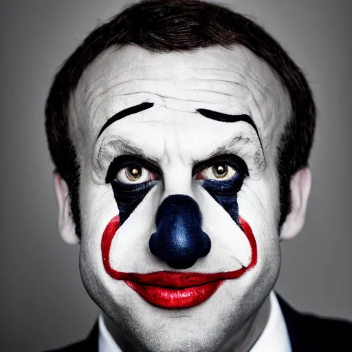 Image similar to portrait of macron as a clown, symmetrical, nikon 3 5 mm photography, ultrarealistic