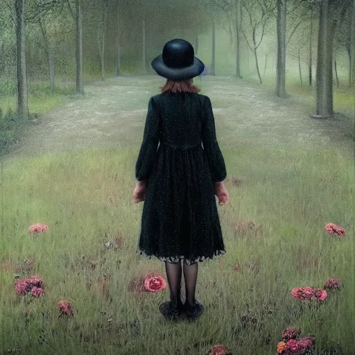 Prompt: a girl standing in a park, alone, wearing black dress and hat, holding teddy bear, detailed hands, by andrea kowch, dark, scene, magic realism