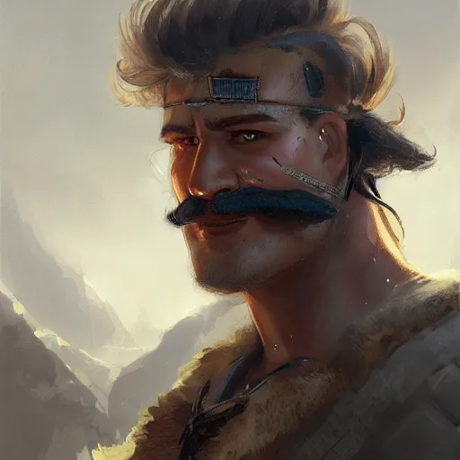 Image similar to portrait old barbarian warrior with trucker mustache and short hair, 8 k, trending on art station, by tooth wu and greg rutkowski