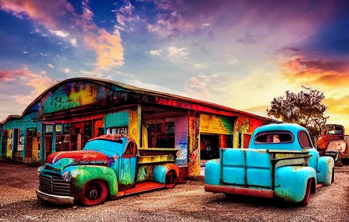 Image similar to A beautiful colorful evening scene of route66, 1950’s old road with abandoned gas station and rusty old pickup truck in the back, hyper realistic, softlight, blinding backlight evening sun, sparkling sun rays, epic scene, intense setting, evening vibe