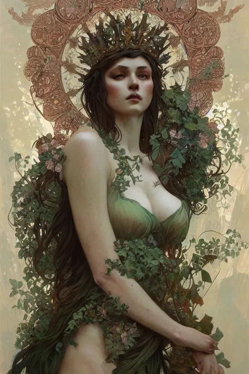 Image similar to a full body portrait of a beautiful forest queen akimbo, intricate, elegant, highly detailed, digital painting, artstation, concept art, smooth, sharp focus, illustration, art by krenz cushart and artem demura and alphonse mucha