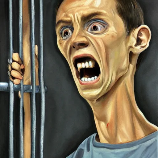 Image similar to skinny prisoner screaming holding prison bars, realism, oil painting