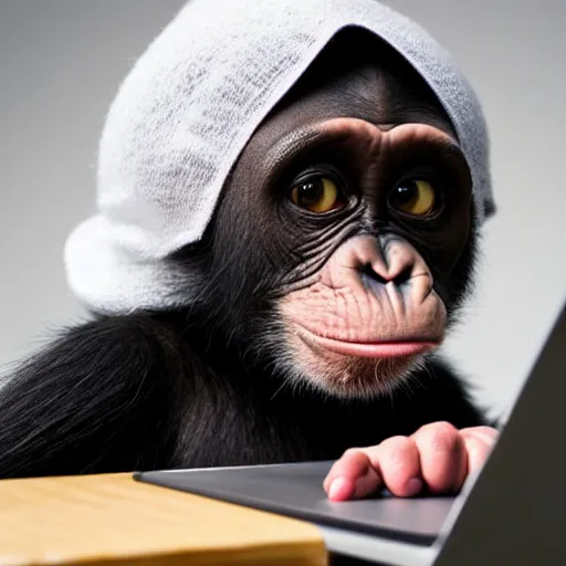 Image similar to an adorable baby chimpanzee using a wool cap typing on a laptop. Studio photography