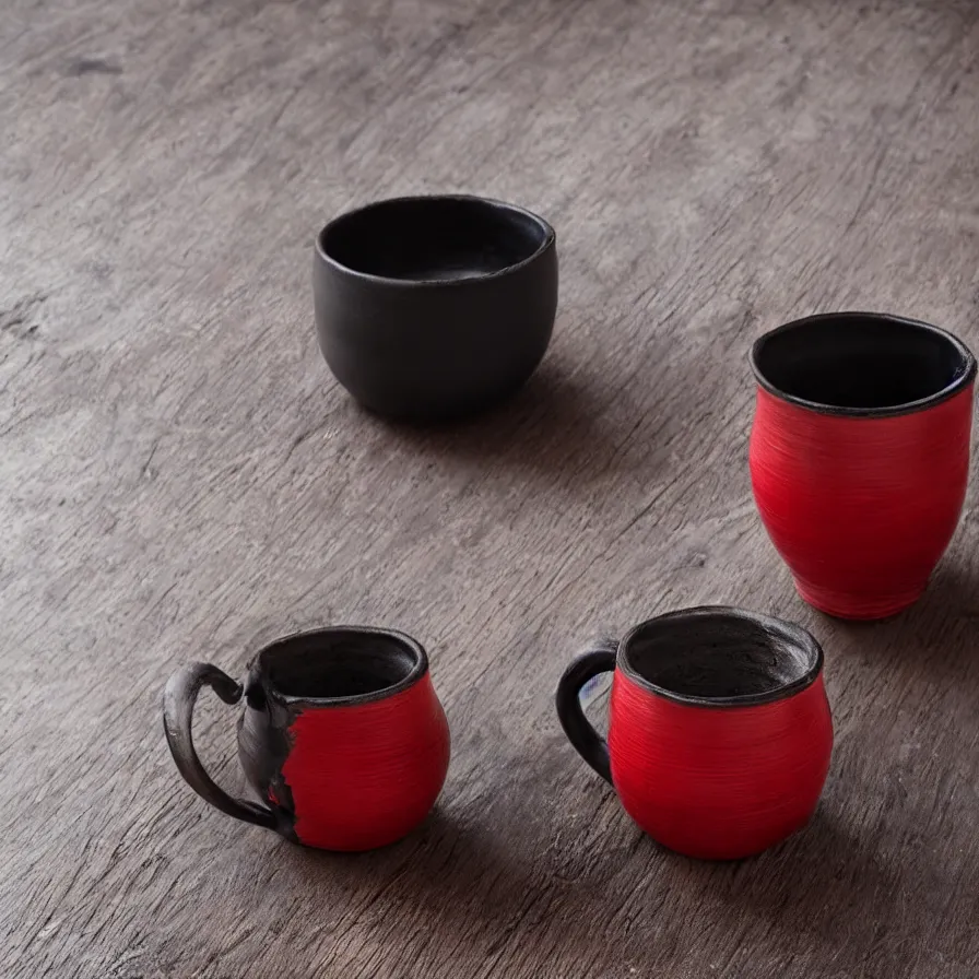 Prompt: beautiful studio photograph of a hand - thrown stoneware mug in the style of greek black on red pottery on a wooden table, hyperrealism 8 k trending on artstation