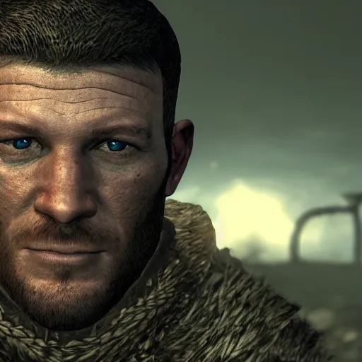 Prompt: character screenshot of michael bisping, npc talking, skyrim, wilderness, 1 0 8 0 p, bokeh, elder scrolls v, detailed, dialog text, eyepatch