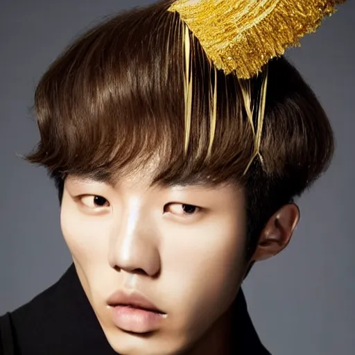 Image similar to a beautiful young male korean model wearing a hairsculpture made of hair and gold string, photoshot by erwin olaf