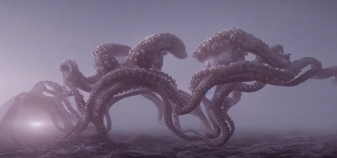 Image similar to a robotic octopus'tentacles wrapped around jupiter, foggy, cinematic shot, photo still from movie by denis villeneuve, wayne barlowe