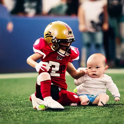 Prompt: Justin Sun kicking a baby, professional football photography