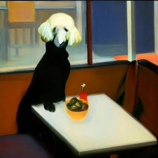 Image similar to Black Goldendoodle with a bright face and a puppy sitting at a diner drinking a cup of coffee, looking melancholy, edward hopper