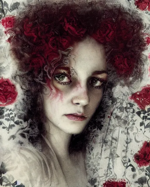Prompt: a beautiful but sinister girl in layers of fear, with haunted eyes and curly hair, 1 9 7 0 s, seventies, floral wallpaper, delicate embellishments, a little blood, crimson, painterly, offset printing technique, by edward robert hughes