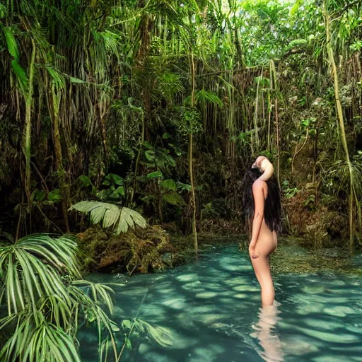 Prompt: beautiful female model, symmetric!!!!, back view, walking into a cenote in a lush jungle!!, vintage photograph, long wavy brunette hair, faded, artistic!!! composition, going to bathe in a jungle cenote, award winning artistic photograph, centered in frame