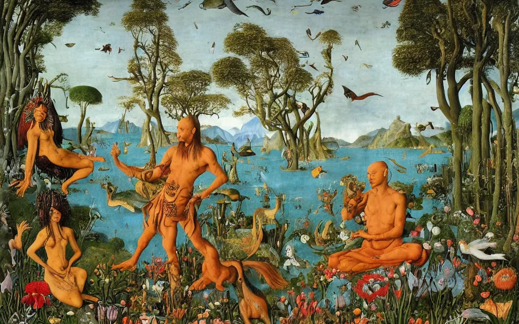 Image similar to a photograph of a meditating centaur shaman and a harpy mermaid feeding animals. surrounded by bulbous flowers, animals and a few trees. river delta with mountains and cliffs under a blue sky full of burning stars and birds. painted by jan van eyck, max ernst, ernst haeckel, ernst fuchs. trending on artstation