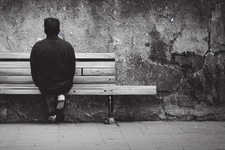 Image similar to photo of a man sitting on a bench waiting for someone that will never come, depressing, moody, nostalgic, dramatic, 8 k uhd