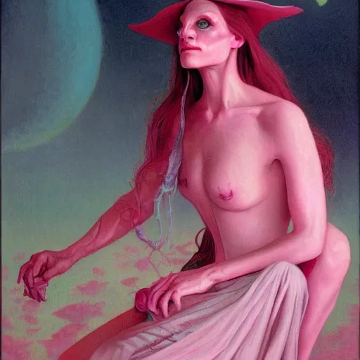 Prompt: portrait of a pink witch, by gerald brom