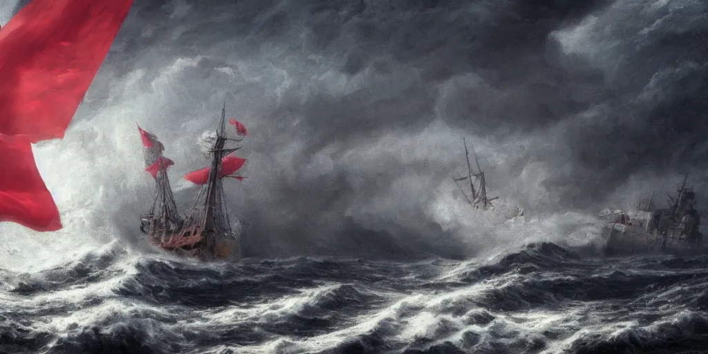 Prompt: a wooden big ship in the middle of the sea during a storm, turbulent sea, high coherence, highly detailed, high quality, 8 k, dramatic lighting, cinematic, epic scene, path traced, hyperrealistic, concept art, octane render, unreal engine 5, trending on artstation, a red cross in the ship flag, high contrast