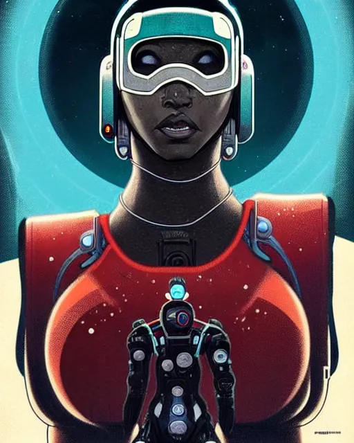 Prompt: sojourn from overwatch, african canadian, gray hair, afro, teal silver red, character portrait, portrait, close up, concept art, intricate details, highly detailed, vintage sci - fi poster, retro future, vintage sci - fi art, in the style of chris foss, rodger dean, moebius, michael whelan, and gustave dore