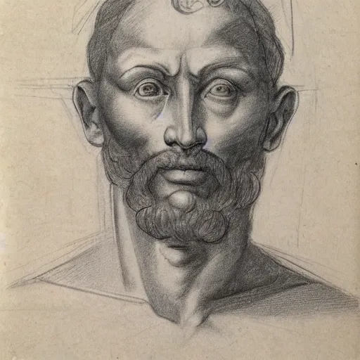 Image similar to unfinished study of mans face. michelangelo, early sixteenth century. red chalk on paper.