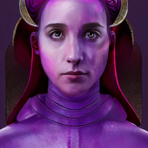 Image similar to A professional digital portrait painting of a young adult female tiefling sorcerer with skin made of fire, dressed in light armor, 4k, digital art, trending on cgsociety, renaissance painting, highly detailed, head and shoulders shot, shallow depth of field, purple and yellow lighting, professional lighting, The Grand Budapest Hotel, airbrush, Hayao Miyazaki