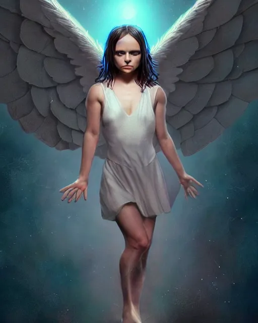 Image similar to Full body potrait of christina Ricci as an angel, hyper realistic, prismatic highlights, atmosphere, gorgeous, depth of field, cinematic, macro, concept art, 50mm, artstation, wlop, elegant, epic, weta digital, focus, octane render, v-ray, 8k, kodak portra, art by Liberatore