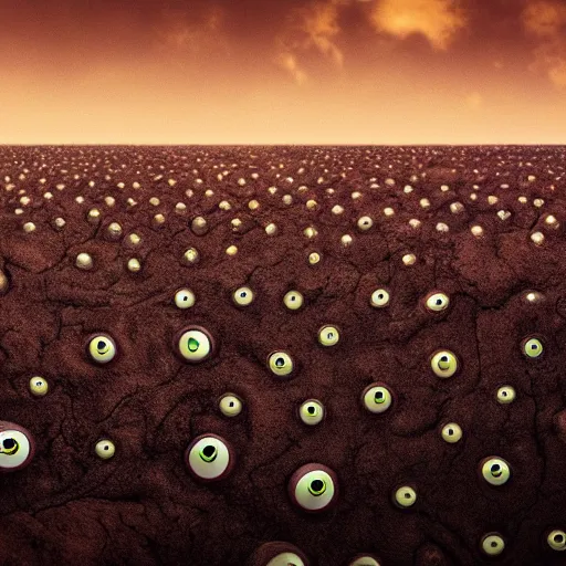 Image similar to a thousand creepy eyeballs peeking through a sea of mud, epic landscape, bright light, cinematic, 4 k, 8 k