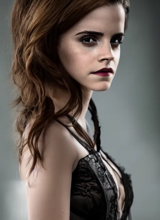 Image similar to Emma Watson for Victorian Secret as anime character, perfect symmetrical face, full length shot, XF IQ4, 50MP, 50mm, f/1.4, ISO 200, 1/160s, natural light, Adobe Lightroom, rule of thirds, symmetrical balance, depth layering, polarizing filter, Sense of Depth