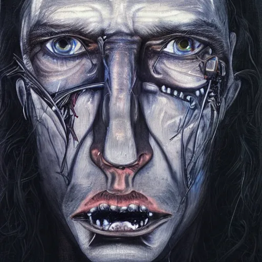 Image similar to surreal portrait of a man by Greg Rutkowski and H.R Giger, he is about 30 years old, messy long black hair, tired appearance, roman nose, peaceful but sad and resigned expression, martyred as a biomechanical transhuman cyborg god, eyes glow electric blue, cosmic void background, frightening, fascinating, highly detailed portrait, digital painting, book cover, artstation, concept art, smooth, sharp foccus ilustration, Artstation HQ.