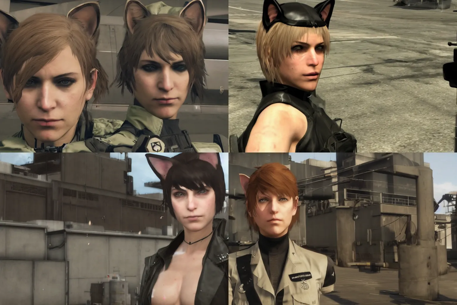 Prompt: catgirl officer with cat ears saluting, somber face, serious, screenshot from metal gear solid v : phantom pain, cinematic cutscene, medium shot, directed by hideo kojima, solemn, dramatic, high quality,