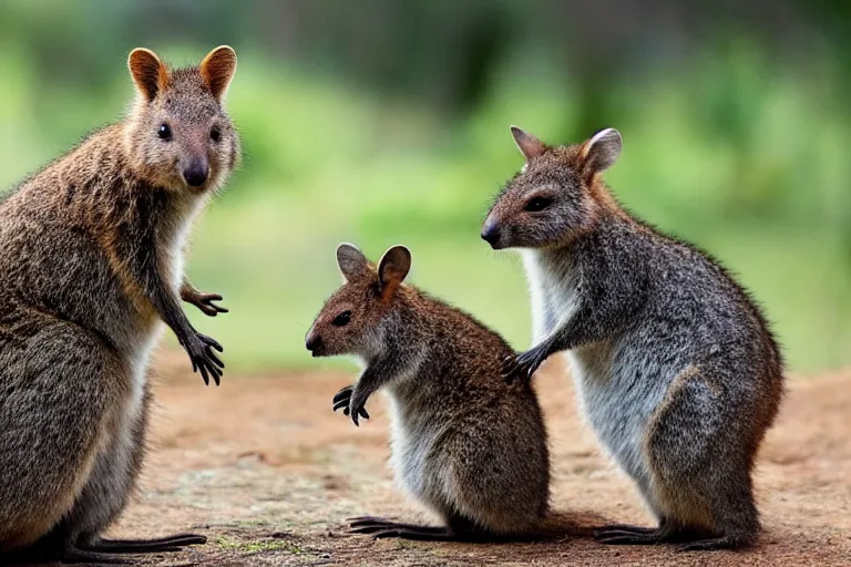 Image similar to “a quokka and wallaby smiling and hugging each other, nature photography”