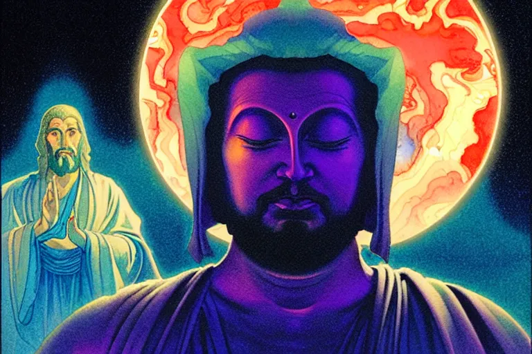 Prompt: a hyperrealist watercolour character concept art portrait of a hologram of space jesus at night in las vegas, nevada. a mysterious cloaked figure in the background. lasers shoot from behind a mountain. buddha hologram. by rebecca guay, michael kaluta, charles vess and jean moebius giraud