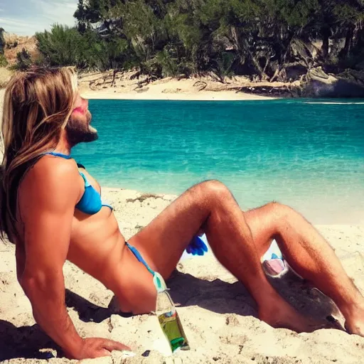 Image similar to photo of a 4 0 year old man that looks young for his age dating a very attractive 2 2 year old woman wearing a bikini. she is drinking a large bottle of water.