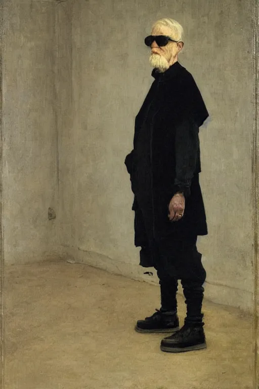 Prompt: standing portrait of an old wizened man dressed in cyberpunk - inspired designer streetwear by raf simons, painted by albrecht anker, jules bastien - lepage, william henry hunt, beautiful painting, soft lighting