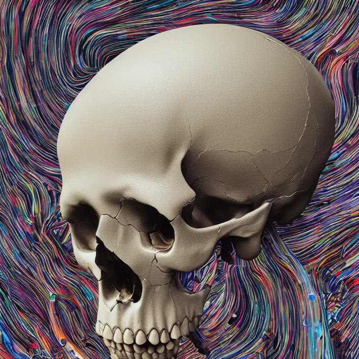 Image similar to a human skull, melting. intricate abstract. intricate artwork. by Tooth Wu, wlop, beeple, dan mumford. octane render, trending on artstation, greg rutkowski, coherent, symmetrical artwork. cinematic, hyper realism, high detail, octane render, 8k, depth of field, bokeh. iridescent accents