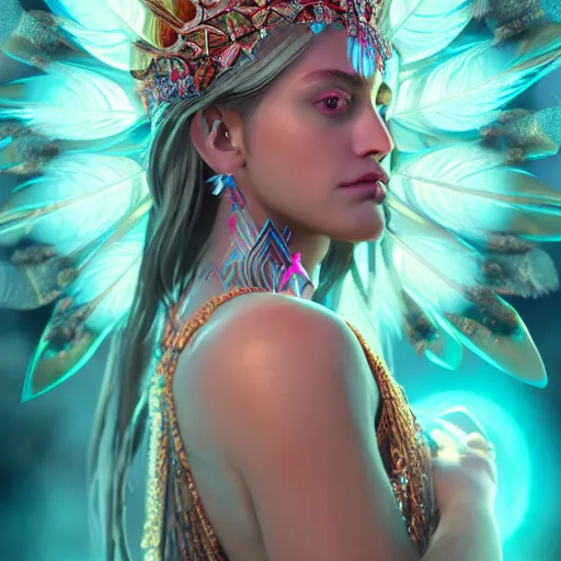 Image similar to portrait highly detailed beautiful symmetrical face high priestess water nymph intricate elegant detailed crystal jewellery with tribal feathers, lush colourful volumetric lighting, digital painting, concept art, smooth, sharp focus 3 d, divine realm of gods, realistic cinematic style, octane render, photographic, unreal engine 8 k