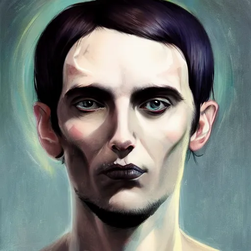 Prompt: surreal portrait of a man by Greg Rutkowski, symmetrical face, he is about 30 years old, short black hair with bangs, his features are a mix between French, Turkish and Russian, transformed into a kind of biomechanical transhuman god, blue glowing eyes, uncany but fascinating, expression of epiphany and determination, cosmic void background, frightening, fascinating, highly detailed portrait, digital painting, book cover, artstation, concept art, smooth, sharp foccus ilustration, Artstation HQ