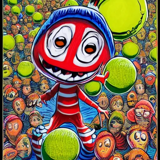 Image similar to a where waldo tennis ball monsters, colorful, digital art, fantasy, magic, chalk, trending on artstation, ultra detailed, professional illustration by basil gogos