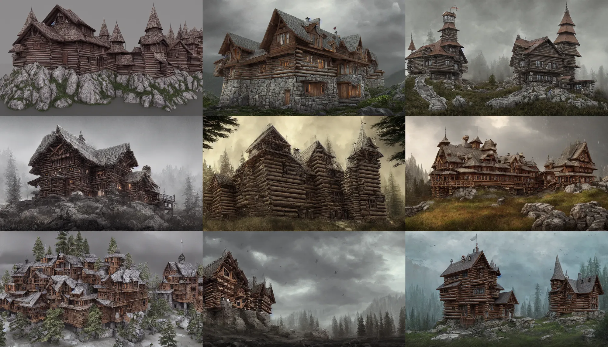 Prompt: proto - slavic tall castle enclosed palisaded, log houses built on hills, gray skies, hyper - detailed, artstation, cgsociety, 8 k