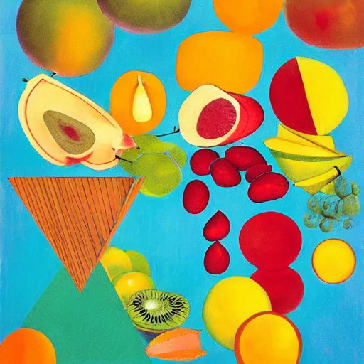 Image similar to by liu ye iron, turquoise swirling. a still life of fruit on a table. the fruit is arranged in a pyramid shape, with the largest pieces of fruit at the bottom & the smallest pieces of fruit at the top. the colors are bright & the experimental art has a lot of texture.