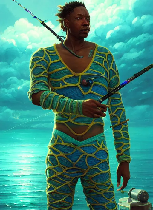 Image similar to portrait of a male jamaican fisherman sci - fi glowing fishing armor fishing rod cyberpunk muscular intricate elegant highly detailed digital painting artstation concept art, ocean background, reggae colors, cinematic, greg rutkowski, loish, rhads, ferdinand knab, makoto shinkai and lois van baarle, ilya kuvshinov, rossdraws, tom bagshaw