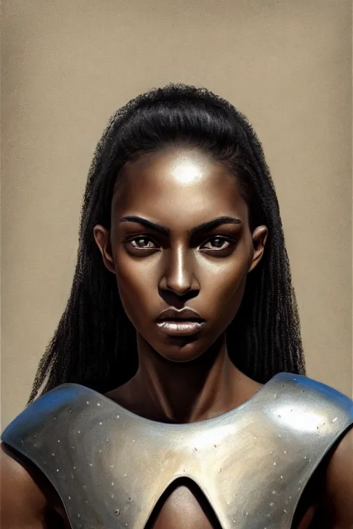 Image similar to a photorealistic painted portrait of an attractive young black girl, partially clothed in metal-plated battle armor, matt olive skin, long dark hair, flawless skin, beautiful bone structure, perfectly symmetric facial features, perfect photorealistic eyes, natural physique, intricate, elegant, digital painting, concept art, finely detailed, beautifully illustrated, sharp focus, minimal artifacts, from Metal Gear, by Ruan Jia and Mandy Jurgens and Artgerm and William-Adolphe Bouguerea, in the style of Greg Rutkowski, trending on Artstation, award winning art