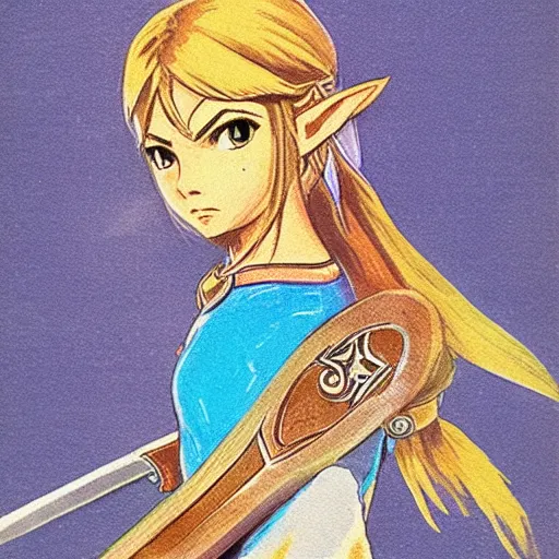 Image similar to Zelda from Legend of Zelda: Breath of the Wild, 1970's grainy vintage illustration