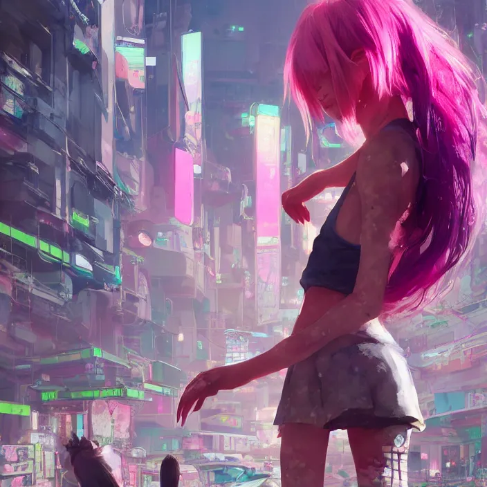 Image similar to a beautiful fullbody portrait of a cute anime girl with pink hairs barefoot wearing sport clothing and leggings under shorts in cyberpunk city. character design by cory loftis, fenghua zhong, ryohei hase, ismail inceoglu and ruan jia. artstation, volumetric light, detailed, photorealistic, fantasy, rendered in octane, rim light