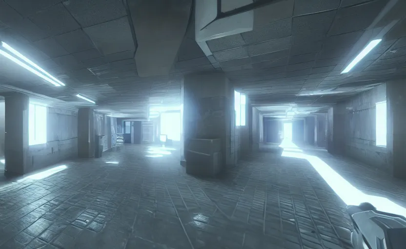 Image similar to screenshot of a first person shooter game on unreal engine 5, narrow modern hallways of a government office facility with white dry wall, psychedelic, photorealistic, retrofuturism, concept art, trending on artstation