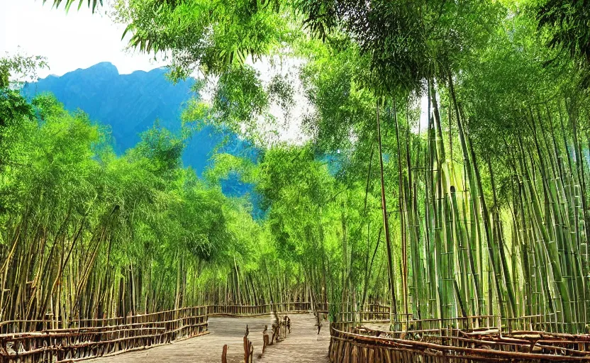 Image similar to green lush city with various trees and wooden buildings made from bamboo, built in death valley