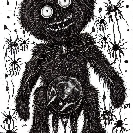 Prompt: dark art cartoon grunge drawing of a teddy bear made of spiders playing with toys with bloody eyes by tim burton - loony toons style, horror theme, detailed, elegant, intricate, trending on art station