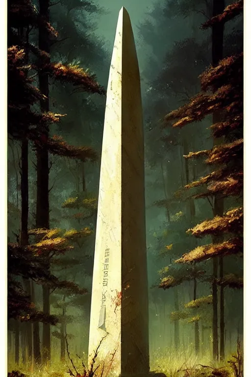 Prompt: greg rutkowski poster. ancient obelisk in the woods