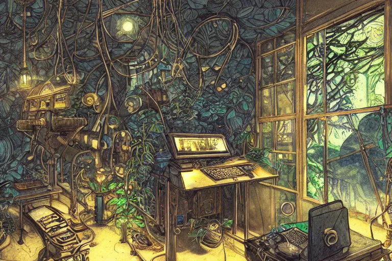 Prompt: Small desk at night with desklamp inside a steampunk machine room with lush vegetation growing around the machines, tropical trees, large leaves, flowers, beautiful starry night sky showing thought the windows, beatifully lit, hyper detailed painting, hyperrealism, vintage science fiction illustration, Studio Ghibli, Rebecca Guay